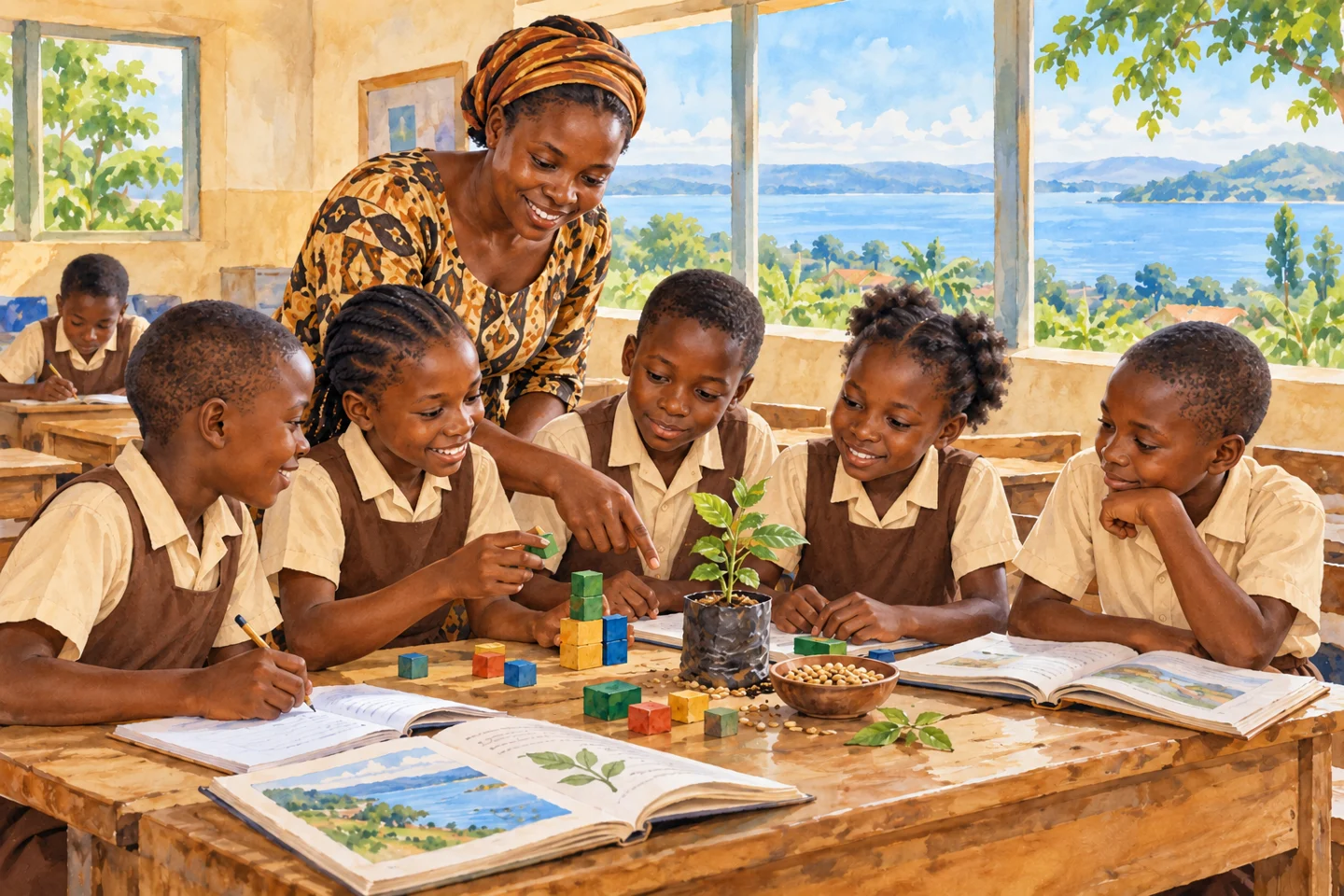 Primary learners exploring books, counting and plants with a teacher