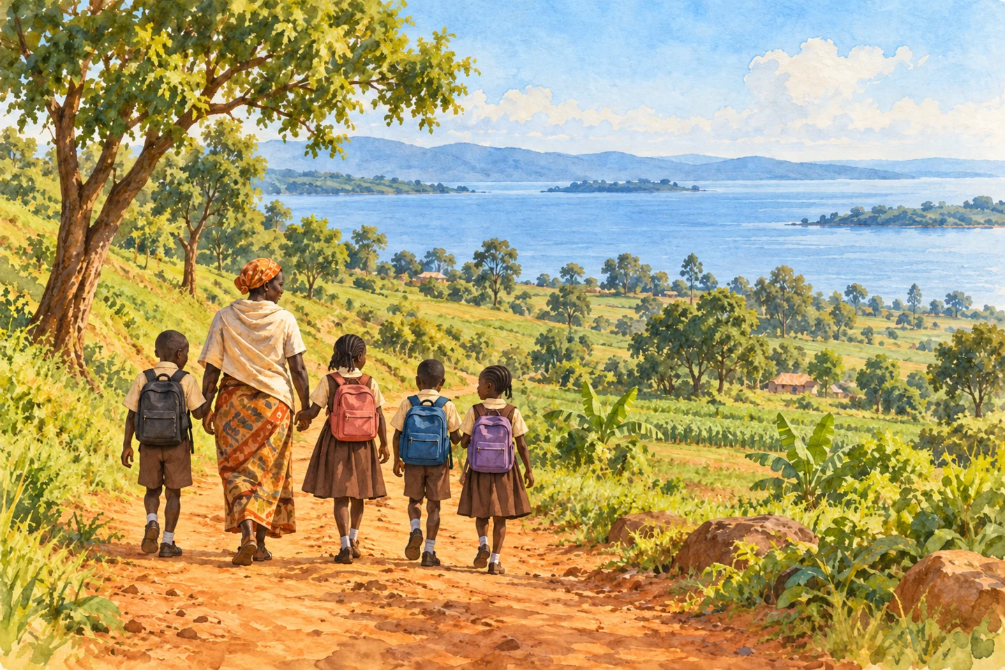 Children and a caregiver walking through green countryside near Lake Victoria